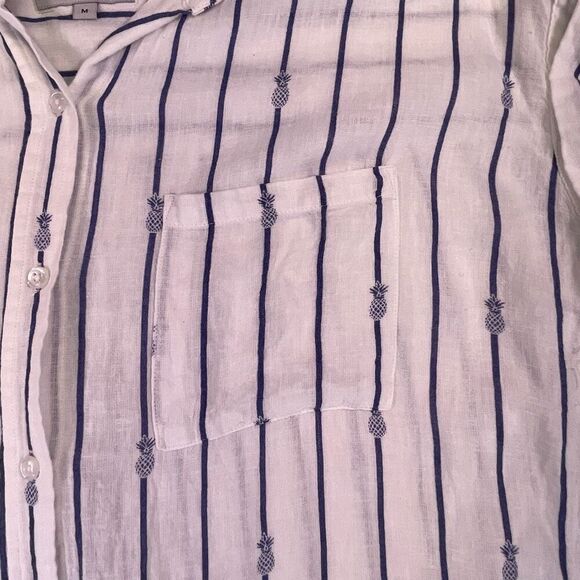 Rails White Navy Striped Pineapple Print Linen Blend Button Up Shirt Size Medium - Picture 4 of 13